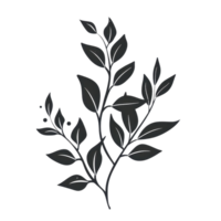 Minimalistic black silhouette of a leafy branch on a transparent background. Perfect for design, illustration, and creative projects. png