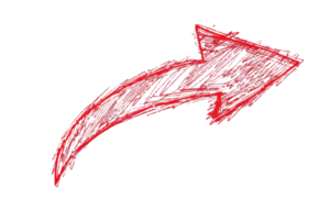 Red hand-drawn arrow sketch pointing to the right on a transparent background, perfect for presentations and educational materials. png