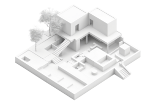Modern architectural 3D model of a white building design with multiple levels, walkways, and surrounding trees. png