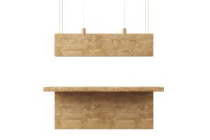 Modern wooden bar counter with hanging shelf. Ideal for cafes, restaurants, or home design. Minimalist design, natural wood finish. png