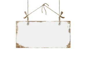 Rustic wooden signboard with blank white space, hanging by ropes. Perfect for custom messages, decorations, or shop displays. png