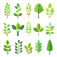 Set of 15 different green plant leaf icons in a flat style, suitable for various nature, gardening, and botanical designs. png