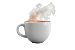 Steaming hot cup of coffee in a white mug, isolated on transparent background. Perfect for articles, blogs, and designs related to coffee or beverages. png