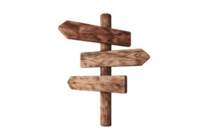 Wooden directional signpost with three blank arrows on transparent background. Perfect for navigation, path finding, and adventure themes. png