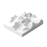 White 3D low-poly model of mountainous terrain on square base, minimalistic design with geometric shapes. png
