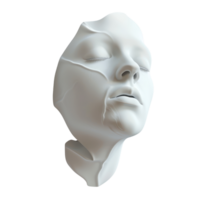 Minimalist sculpture of a fragmented face with closed eyes, evoking themes of serenity and brokenness. png
