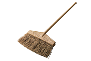 A plain straw broom with a wooden handle, isolated on a transparent background. Ideal for cleaning or sweeping purposes in a rustic or domestic setting. png