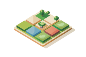 Isometric illustration of a land plot with diverse terrains, including trees, water, and different colored areas, representing various land uses. png