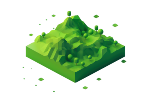3D rendering of a low-poly green mountain landscape with geometric shapes, depicting a stylized natural scenery in a minimalistic design. png