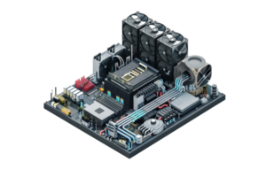 High-tech computer motherboard with integrated circuits, cooling system, and various components for advanced computing performance. png