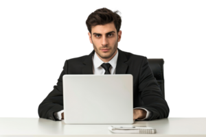 Business professional working on laptop at desk, dressed in formal attire, isolated on transparent background. Focused and serious expression. png