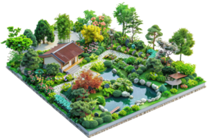 Beautiful Japanese garden with lush greenery, a small pond, and traditional architecture, offering a tranquil and serene environment. png