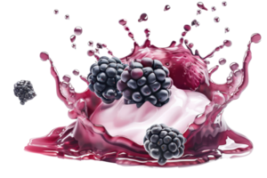 Blackberry splash with yogurt and berries in vibrant colors, perfect for fresh food and beverage concepts. png