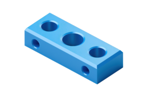 Blue metal block with multiple holes for industrial, mechanical and engineering applications, isolated on a transparent background. 3D rendering. png