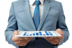 Business professional in blue suit holding a tablet displaying statistical data charts, showcasing growth and analytics in a corporate environment. png