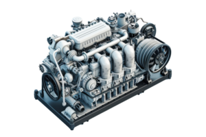 High-resolution image of a detailed mechanical engine, showcasing intricate components and engineering design in a transparent background. png
