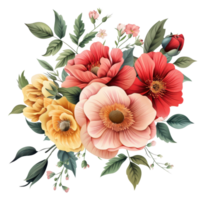 Beautiful bouquet of colorful flowers with green leaves, featuring red, yellow, and pink blooms, perfect for spring and summer themes. png