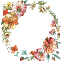 Beautiful floral wreath with colorful flowers arranged in a circular pattern, perfect for decorative use in invitations and designs. png