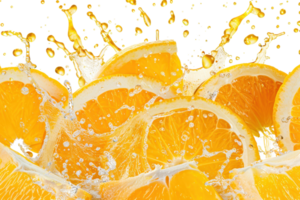Close-up of fresh orange slices with water splash, vibrant citrus fruit, juicy and refreshing summer image for advertisements or backgrounds. png