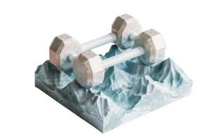 Abstract 3D illustration of two dumbbells on an icy mountain terrain, representing strength and endurance in a unique art form. png