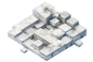 Abstract geometric blocks with a textured, weathered appearance stacked in a chaotic yet structured formation on a transparent background. png