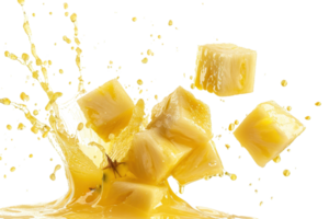 Dynamic splash of fresh pineapple juice with juicy pineapple chunks, capturing a vibrant, refreshing, and tropical essence perfect for summer. png