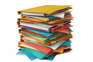 Colorful stack of organized folders and files, representing office paperwork, documentation, and professional file management. png