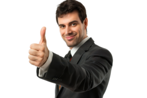 Confident businessman in a suit giving a thumbs-up, expressing approval and success, isolated on a transparent background. png