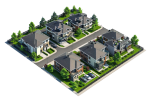 Aerial view of a modern suburban neighborhood with multiple homes, greenery, and well-maintained streets. Ideal for real estate and architecture concepts. png