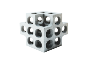 Abstract geometric concrete structure with hollow cubes and spherical holes, isolated on transparent background. Minimalistic industrial design. png