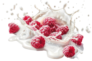 Fresh raspberries splashing into creamy milk, creating a refreshing and delicious food photography scene. png