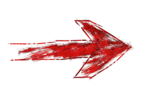 Artistic red arrow sketched with rough brushstrokes on a transparent background, symbolizing direction, movement, and guidance. png