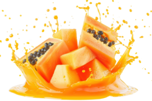 Fresh papaya slices splashing in juice, showcasing vibrant colors and juicy texture, ideal for health, diet, and tropical fruit themes. png