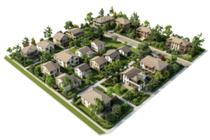 Aerial view of suburban neighborhood with rows of houses, lush greenery, and neatly arranged properties, showcasing residential architecture. png