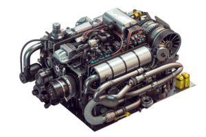 Highly detailed 3D illustration of an advanced engine showcasing intricate parts and mechanical components. png