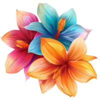 Colorful abstract flowers with vibrant shades of pink, blue, and orange, showcasing intricate details and blending of hues. png