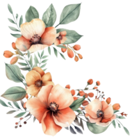 Beautiful watercolor floral arrangement with orange and peach flowers, green leaves, and buds. Ideal for invitations and greeting cards. png