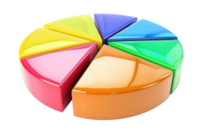Colorful 3D pie chart with six glossy segments in various colors, ideal for business presentations, statistics, and data visualization needs. png