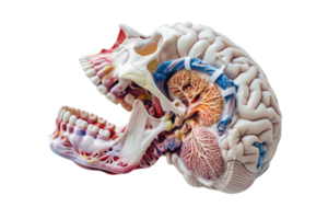 Detailed human anatomy model showing brain and skull structure, highlighting medical and educational purposes with clear cross-sectional view. png