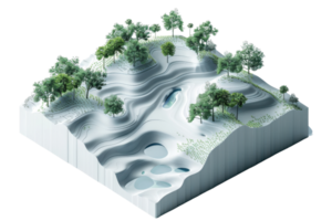 Detailed 3D rendering of a topographic terrain with elevation contours, trees, and ponds, depicting a natural landscape model. png