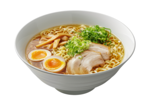 Delicious bowl of ramen with pork, soft-boiled eggs, green onions, and bamboo shoots. Perfect for a hearty and flavorful meal. png