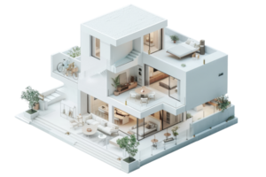 Minimalist architectural model of a modern multi-story house with open floor plan and outdoor patio, showcasing interior and exterior design. png