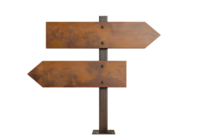 Rustic blank wooden signpost with two directional arrows pointing left and right, isolated on a transparent background. png