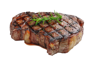 Perfectly grilled steak with rosemary garnish, showcasing juicy and tender meat. Ideal for food, culinary, and restaurant-related visuals. png