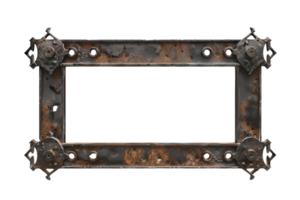 Rustic metal frame with a distressed finish, featuring ornate floral corner designs. Ideal for vintage or industrial-themed projects. png