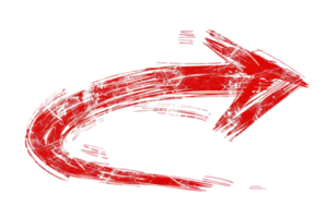 Red curved arrow sketch on transparent background. Hand-drawn style, perfect for directional indicators or design elements. png