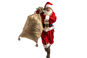 Santa Claus carrying a large sack of gifts, spreading joy and Christmas cheer. Festive scene with traditional red suit and white beard. png