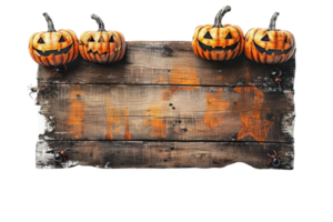 Rustic wooden sign with carved pumpkins, perfect for Halloween decorations or seasonal autumn themes with a spooky touch. png