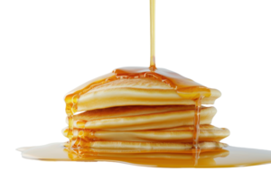 Stack of fluffy pancakes drizzled with golden syrup, perfect for breakfast or brunch. Delicious and appetizing close-up shot. png