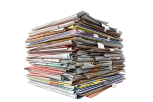 Stack of various newspapers arranged in a pile, showcasing diverse headlines, articles, and colorful pages. png